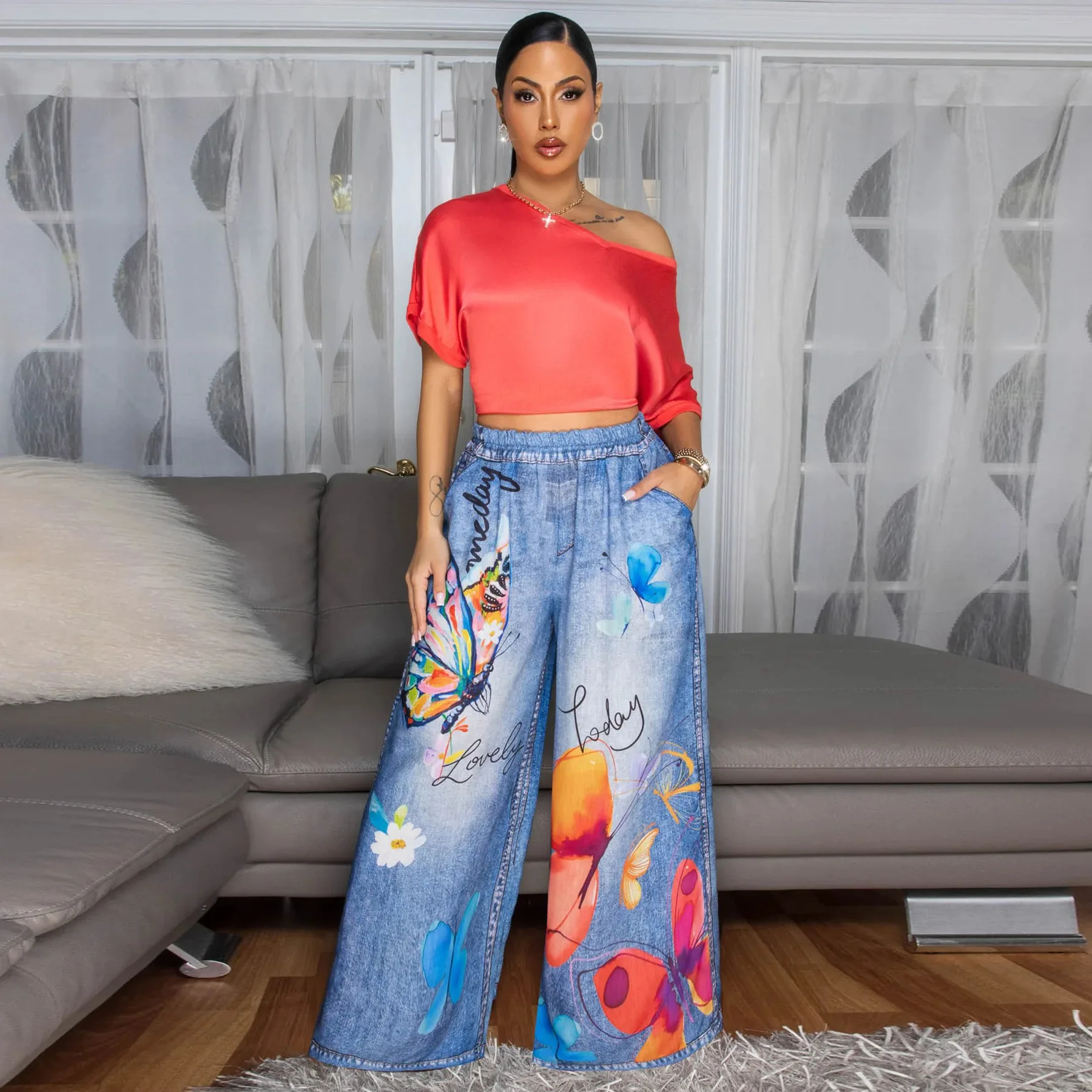 CM.YAYA Fashion Women Fake Denim 3D floral Print Loose Wide Leg Jogger Pants 2025 Streetwear  Active Hip Hop Sweatpants Trousers