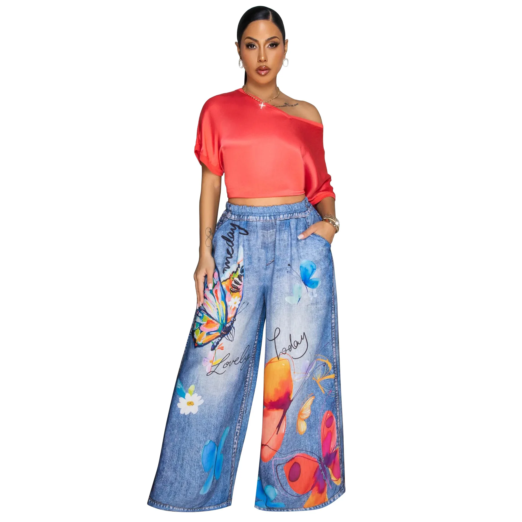 CM.YAYA Fashion Women Fake Denim 3D floral Print Loose Wide Leg Jogger Pants 2025 Streetwear  Active Hip Hop Sweatpants Trousers
