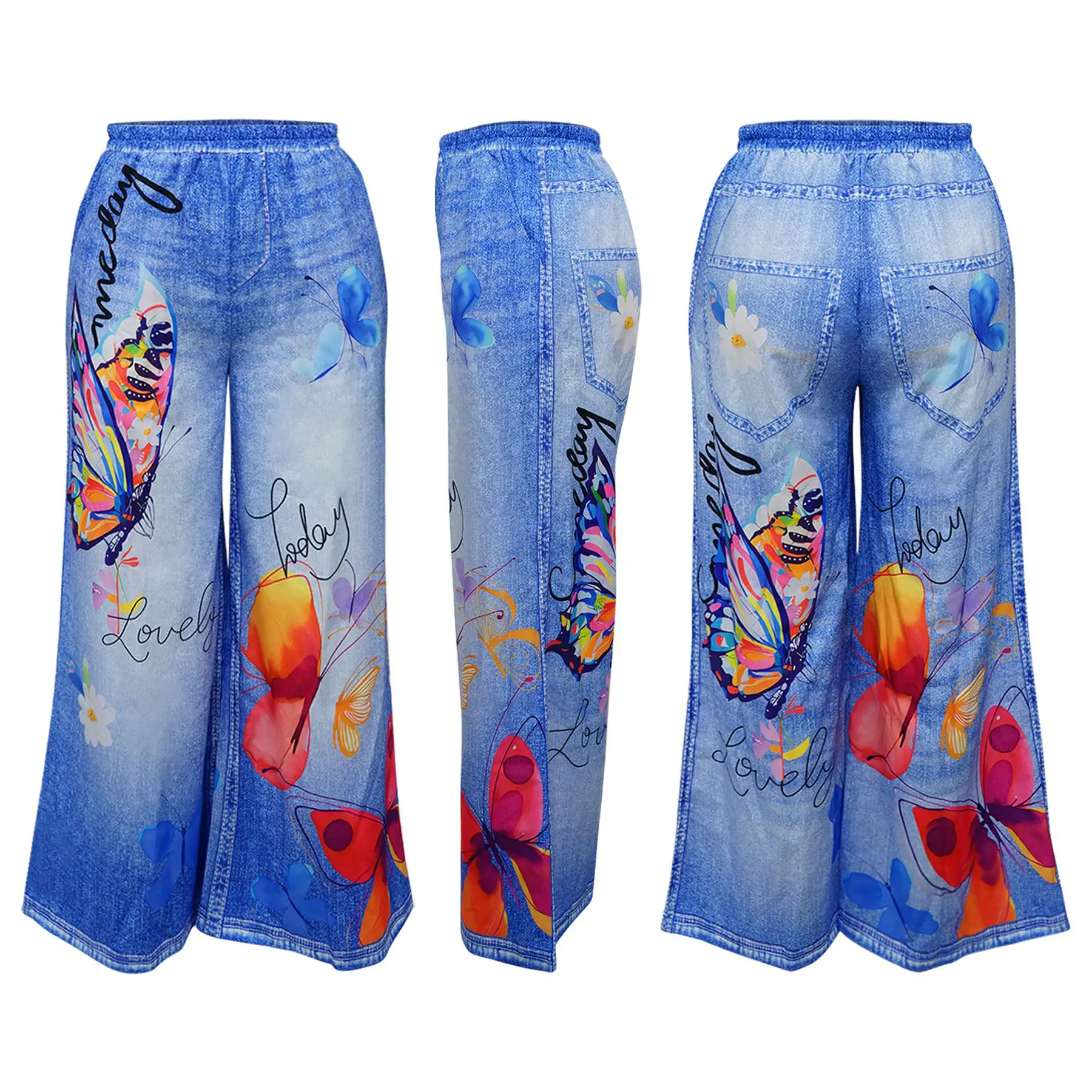 CM.YAYA Fashion Women Fake Denim 3D floral Print Loose Wide Leg Jogger Pants 2025 Streetwear  Active Hip Hop Sweatpants Trousers