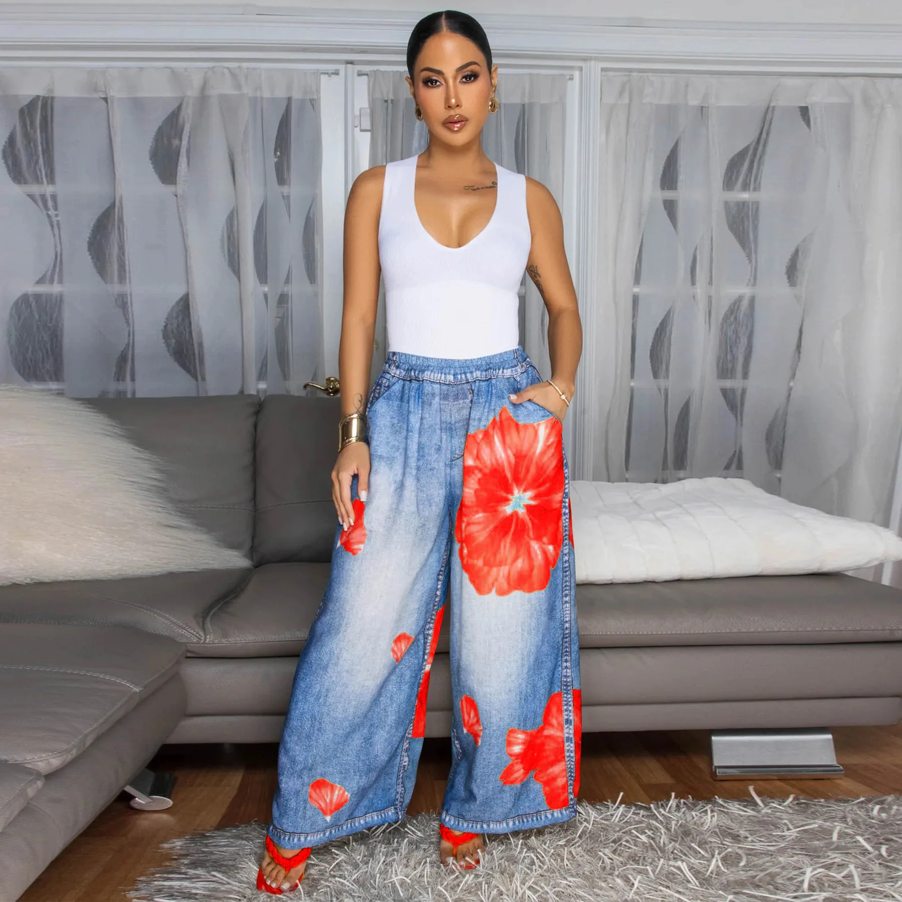CM.YAYA Fashion Women Fake Denim 3D floral Print Loose Wide Leg Jogger Pants 2025 Streetwear  Active Hip Hop Sweatpants Trousers