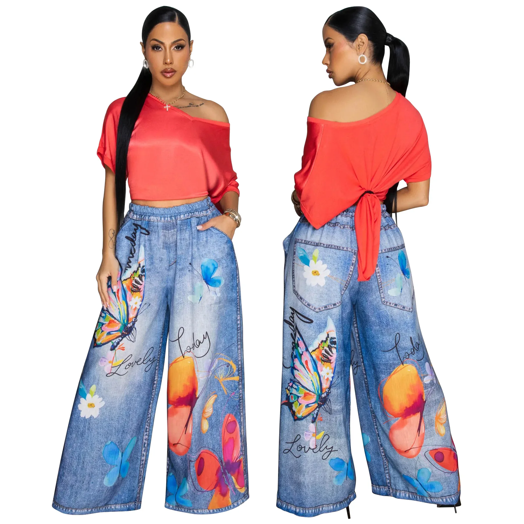 CM.YAYA Fashion Women Fake Denim 3D floral Print Loose Wide Leg Jogger Pants 2025 Streetwear  Active Hip Hop Sweatpants Trousers