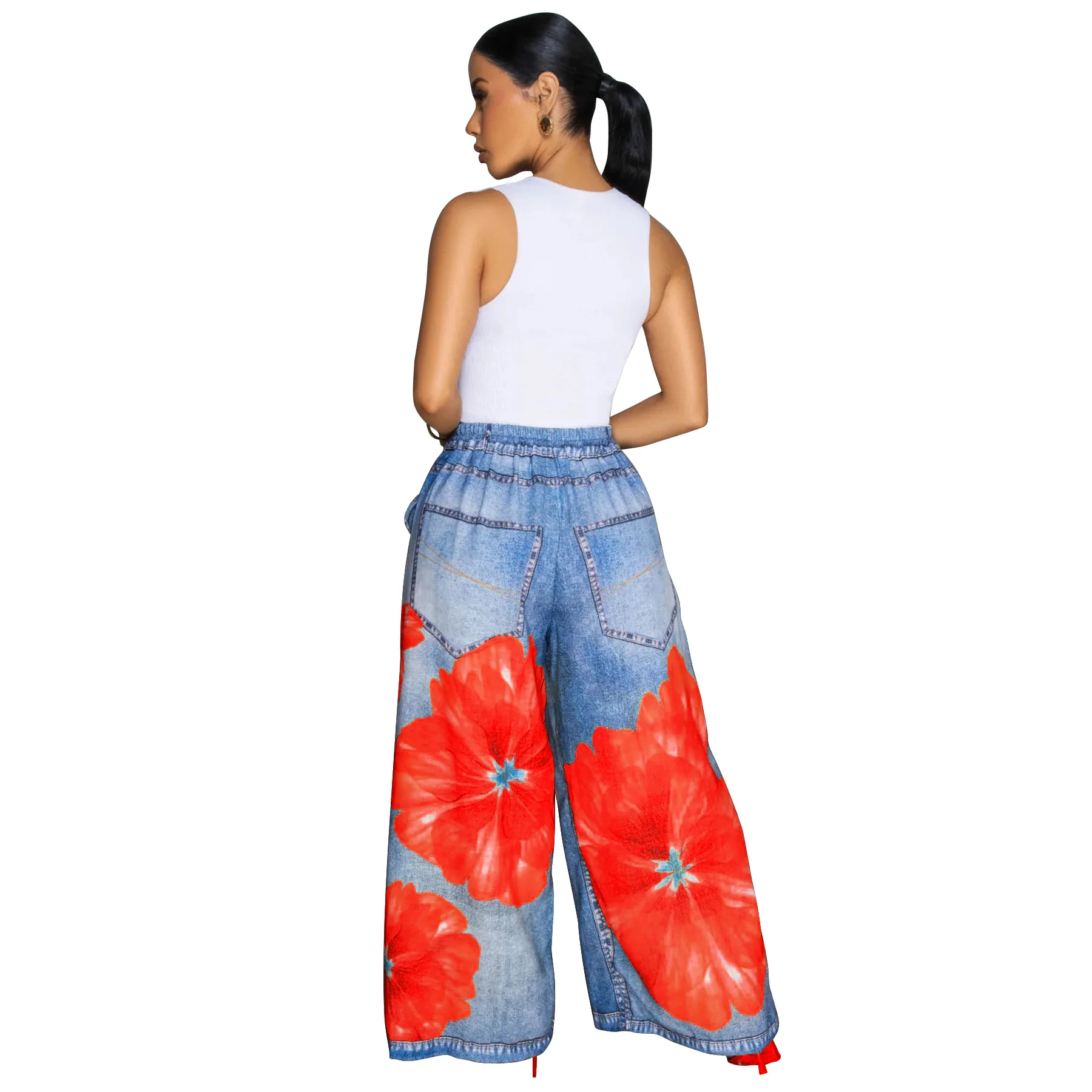 CM.YAYA Fashion Women Fake Denim 3D floral Print Loose Wide Leg Jogger Pants 2025 Streetwear  Active Hip Hop Sweatpants Trousers