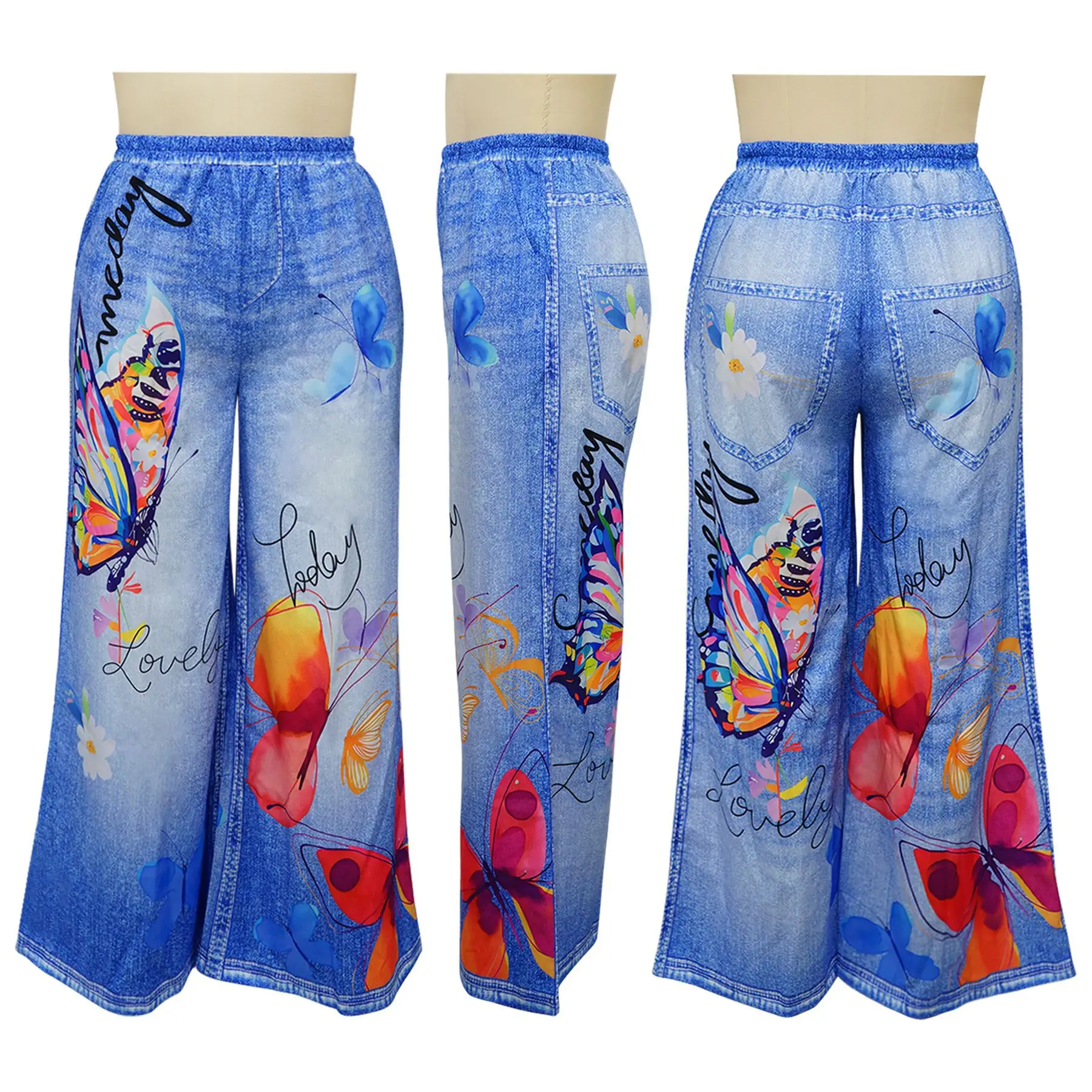 CM.YAYA Fashion Women Fake Denim 3D floral Print Loose Wide Leg Jogger Pants 2025 Streetwear  Active Hip Hop Sweatpants Trousers