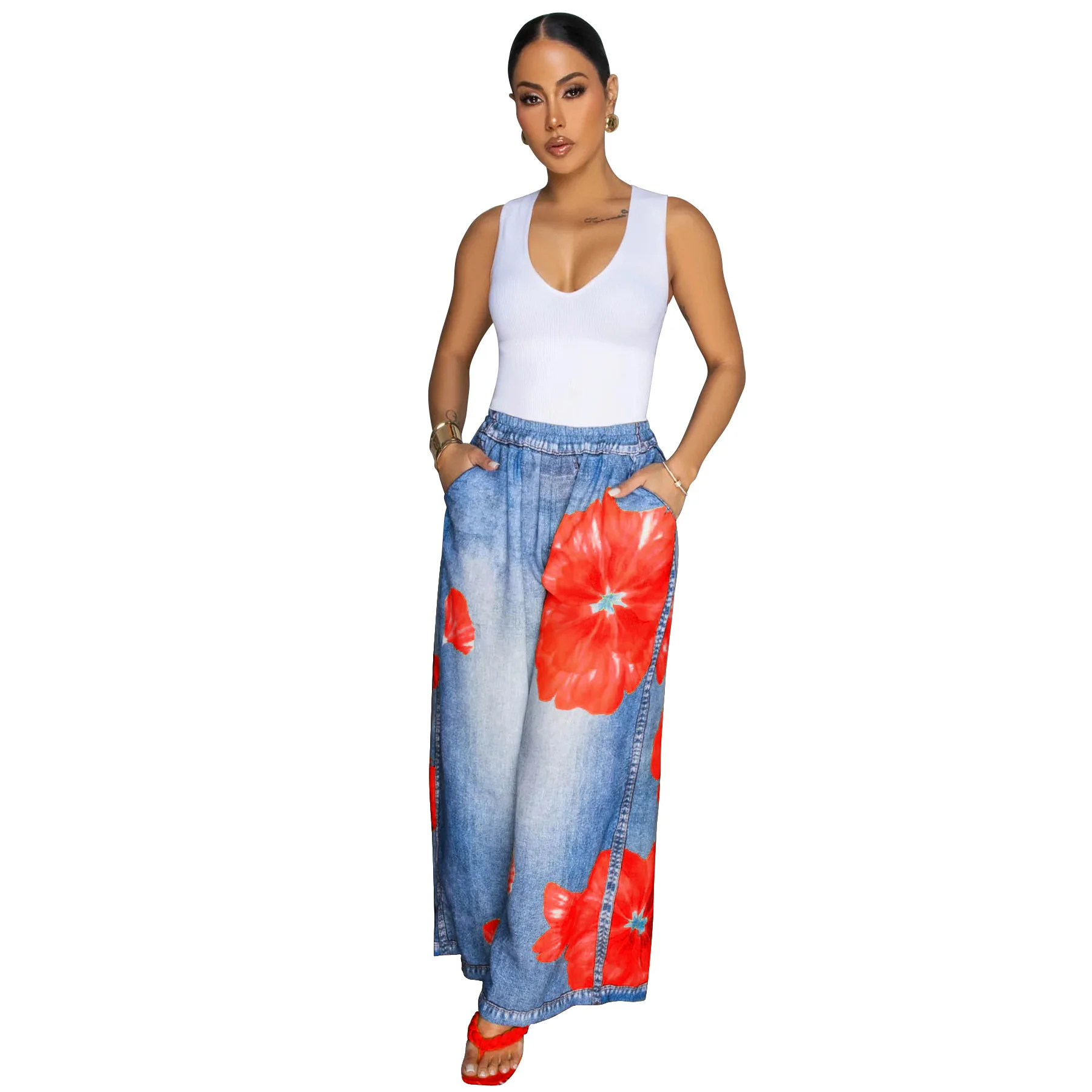 CM.YAYA Fashion Women Fake Denim 3D floral Print Loose Wide Leg Jogger Pants 2025 Streetwear  Active Hip Hop Sweatpants Trousers