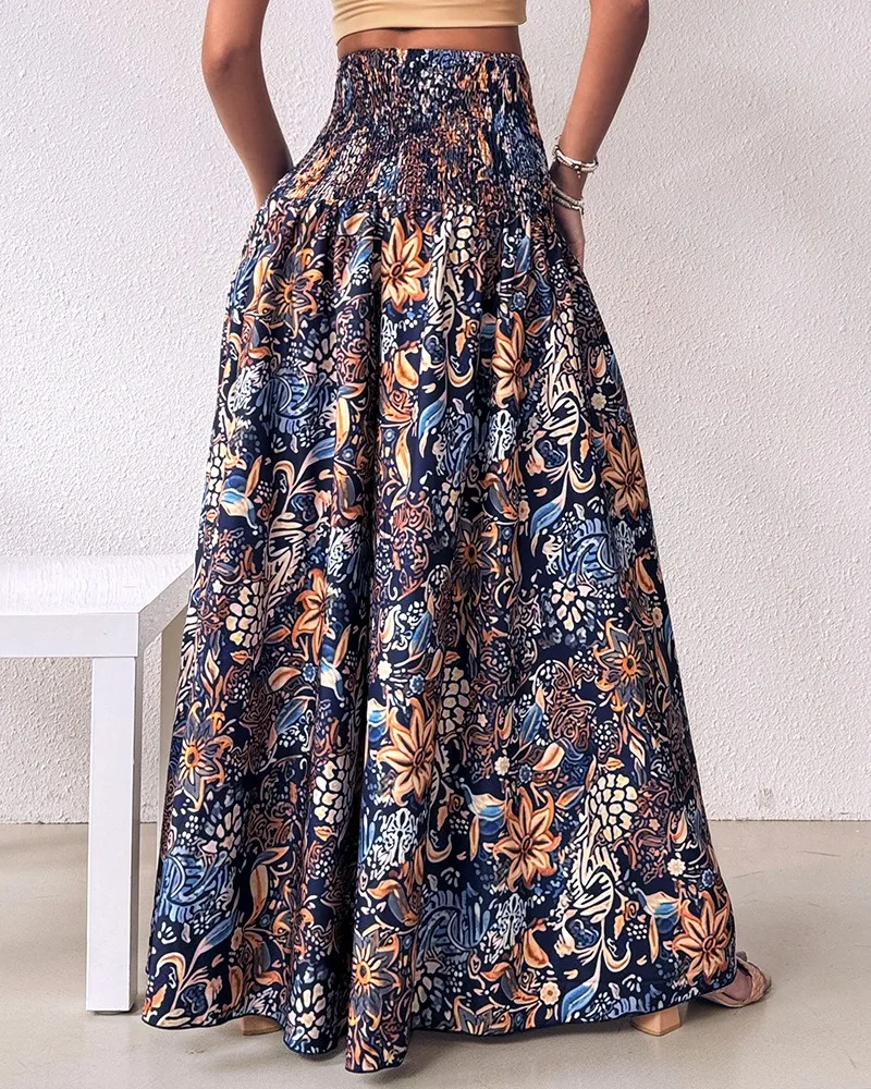 Boho Floral Print Shirred High Waist Wide Leg Pants Women 2025 Temperament Elastic High Waist Swing Long Y2k Trousers Streetwear