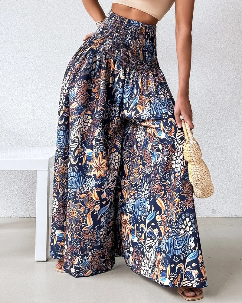 Boho Floral Print Shirred High Waist Wide Leg Pants Women 2025 Temperament Elastic High Waist Swing Long Y2k Trousers Streetwear