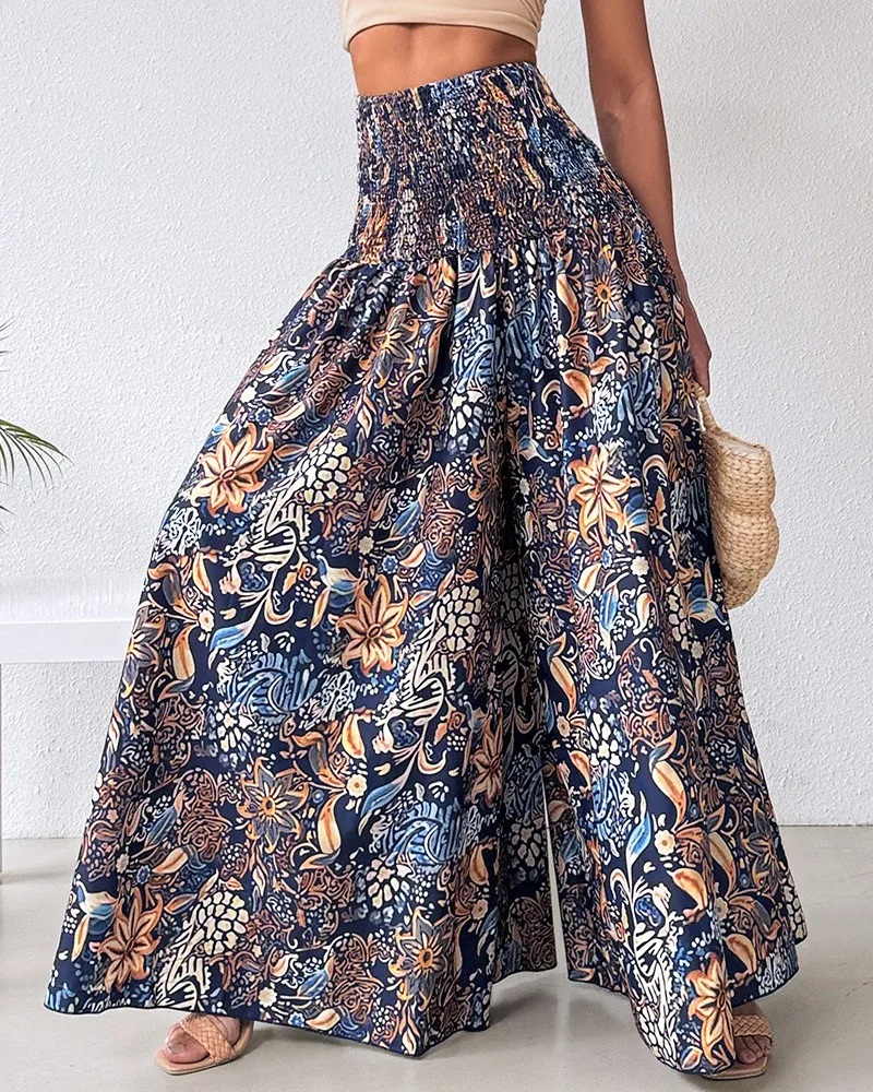 Boho Floral Print Shirred High Waist Wide Leg Pants Women 2025 Temperament Elastic High Waist Swing Long Y2k Trousers Streetwear