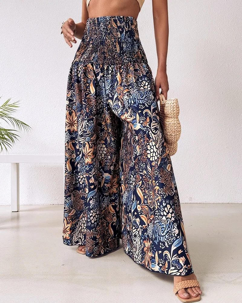 Boho Floral Print Shirred High Waist Wide Leg Pants Women 2025 Temperament Elastic High Waist Swing Long Y2k Trousers Streetwear
