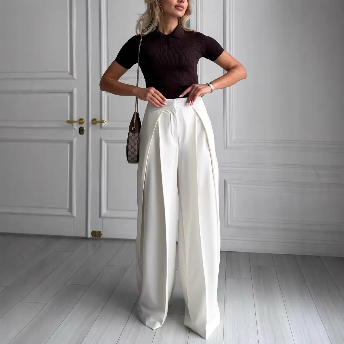 Women Wide Leg Suit Pants Stretch High Waist Straight Floor Length Vintage Draped Trousers Spring Summer 2026 Office Lady