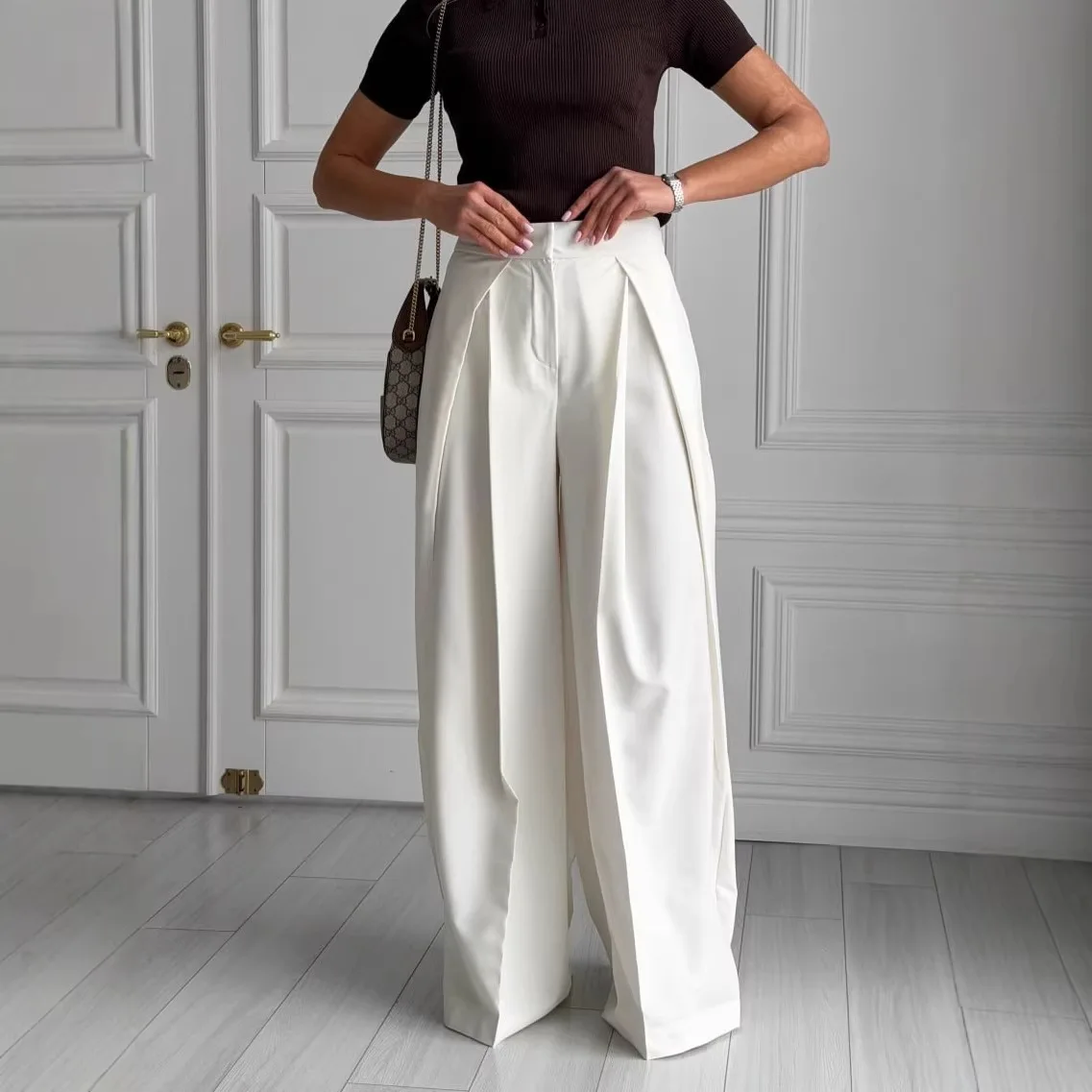 Women Wide Leg Suit Pants Stretch High Waist Straight Floor Length Vintage Draped Trousers Spring Summer 2026 Office Lady