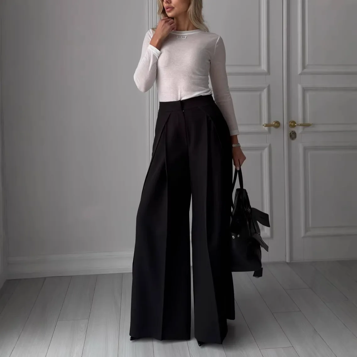 Women Wide Leg Suit Pants Stretch High Waist Straight Floor Length Vintage Draped Trousers Spring Summer 2026 Office Lady