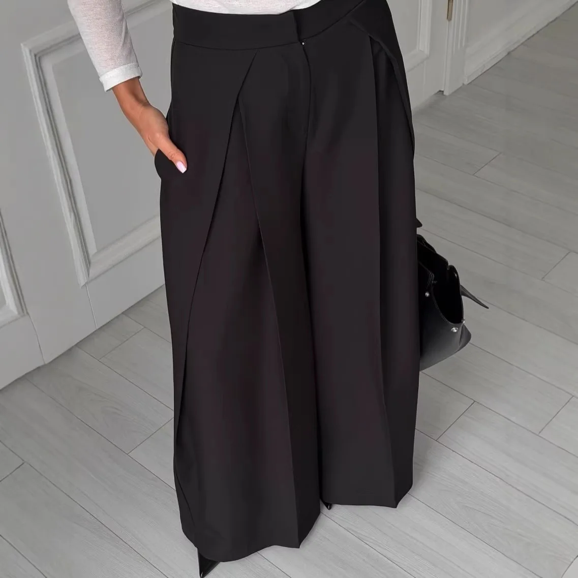 Women Wide Leg Suit Pants Stretch High Waist Straight Floor Length Vintage Draped Trousers Spring Summer 2026 Office Lady