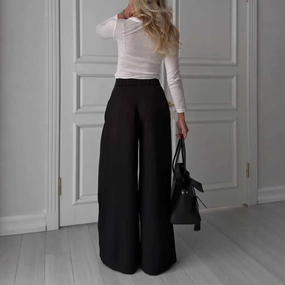 Women Wide Leg Suit Pants Stretch High Waist Straight Floor Length Vintage Draped Trousers Spring Summer 2026 Office Lady