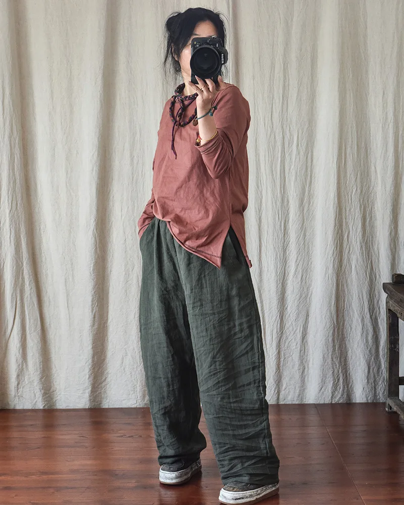 100% Linen Women Casual Trouses New Arrival 2025 Spring Vintage Style Plain Color Loose Female Cotton Linen Harem Pants M733