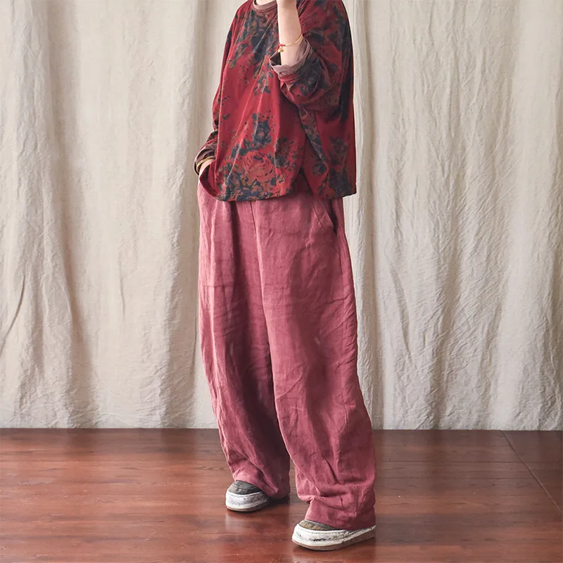 100% Linen Women Casual Trouses New Arrival 2025 Spring Vintage Style Plain Color Loose Female Cotton Linen Harem Pants M733