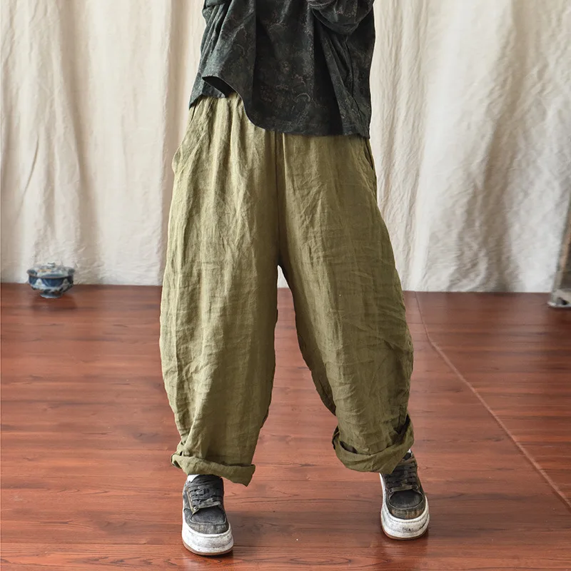 100% Linen Women Casual Trouses New Arrival 2025 Spring Vintage Style Plain Color Loose Female Cotton Linen Harem Pants M733