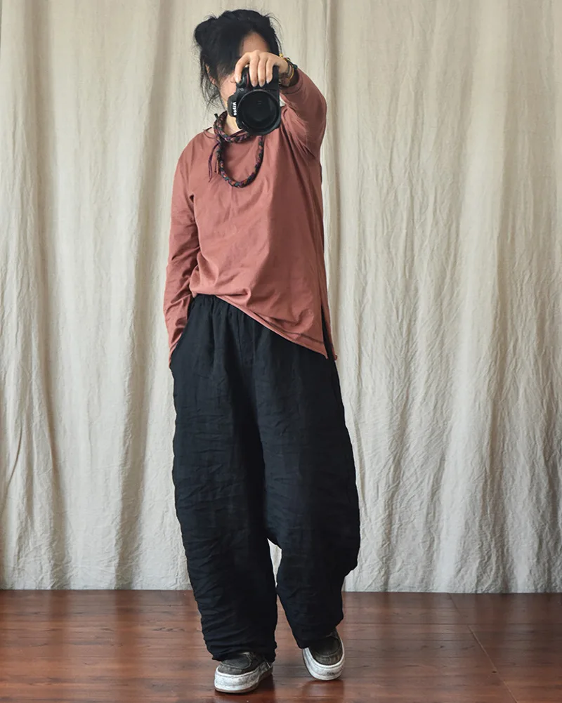100% Linen Women Casual Trouses New Arrival 2025 Spring Vintage Style Plain Color Loose Female Cotton Linen Harem Pants M733