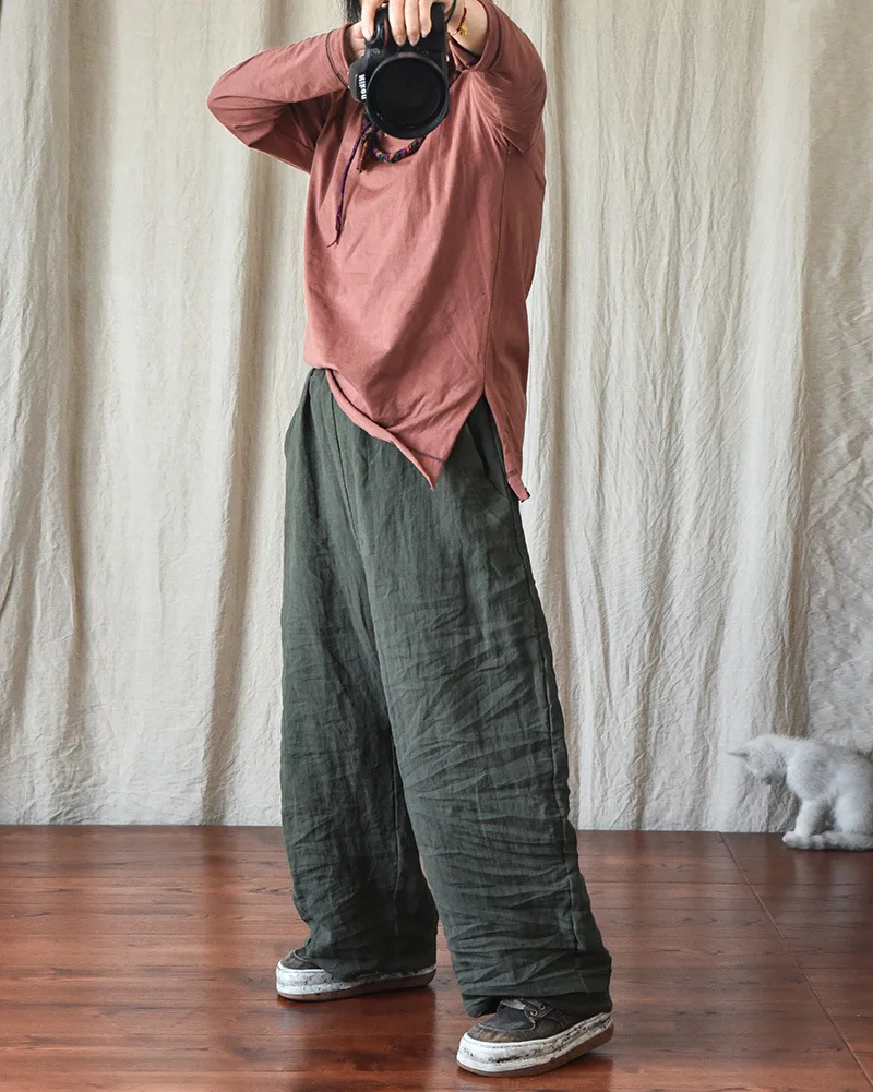 100% Linen Women Casual Trouses New Arrival 2025 Spring Vintage Style Plain Color Loose Female Cotton Linen Harem Pants M733