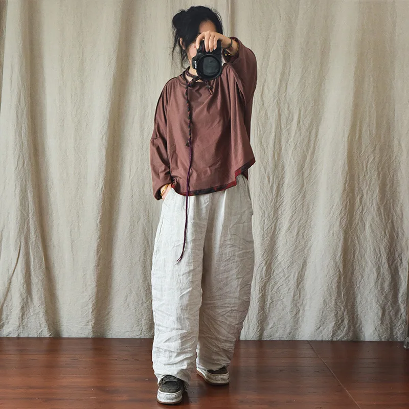 100% Linen Women Casual Trouses New Arrival 2025 Spring Vintage Style Plain Color Loose Female Cotton Linen Harem Pants M733