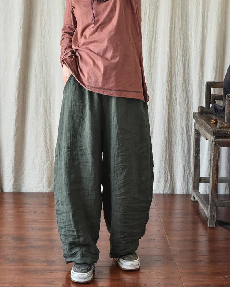 100% Linen Women Casual Trouses New Arrival 2025 Spring Vintage Style Plain Color Loose Female Cotton Linen Harem Pants M733