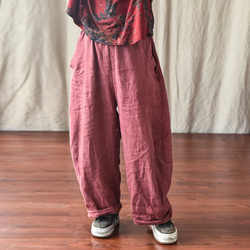 100% Linen Women Casual Trouses New Arrival 2025 Spring Vintage Style Plain Color Loose Female Cotton Linen Harem Pants M733