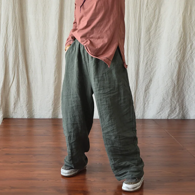 100% Linen Women Casual Trouses New Arrival 2025 Spring Vintage Style Plain Color Loose Female Cotton Linen Harem Pants M733