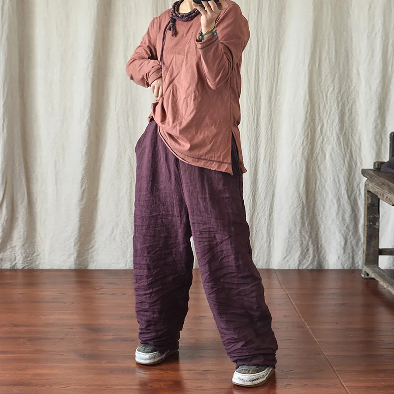 100% Linen Women Casual Trouses New Arrival 2025 Spring Vintage Style Plain Color Loose Female Cotton Linen Harem Pants M733