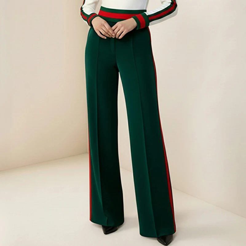 Modigirl Women's Spring Vintage Green Wide Leg Pants 2026 High Waist Contrast Color Striped Side Formal Evening Ladies Trousers