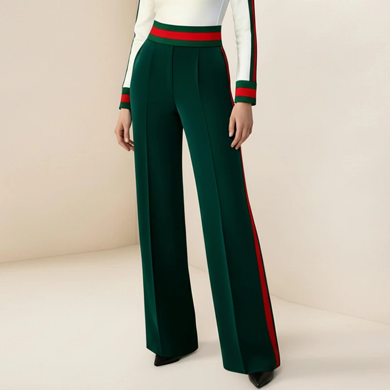 Modigirl Women's Spring Vintage Green Wide Leg Pants 2026 High Waist Contrast Color Striped Side Formal Evening Ladies Trousers