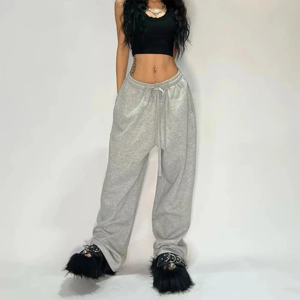 Elegant Women's Pants Fashion High Waist Drawstring Pockets Streetwear Loose Stretchy Legging Casual Joggers Wide Leg Trousers