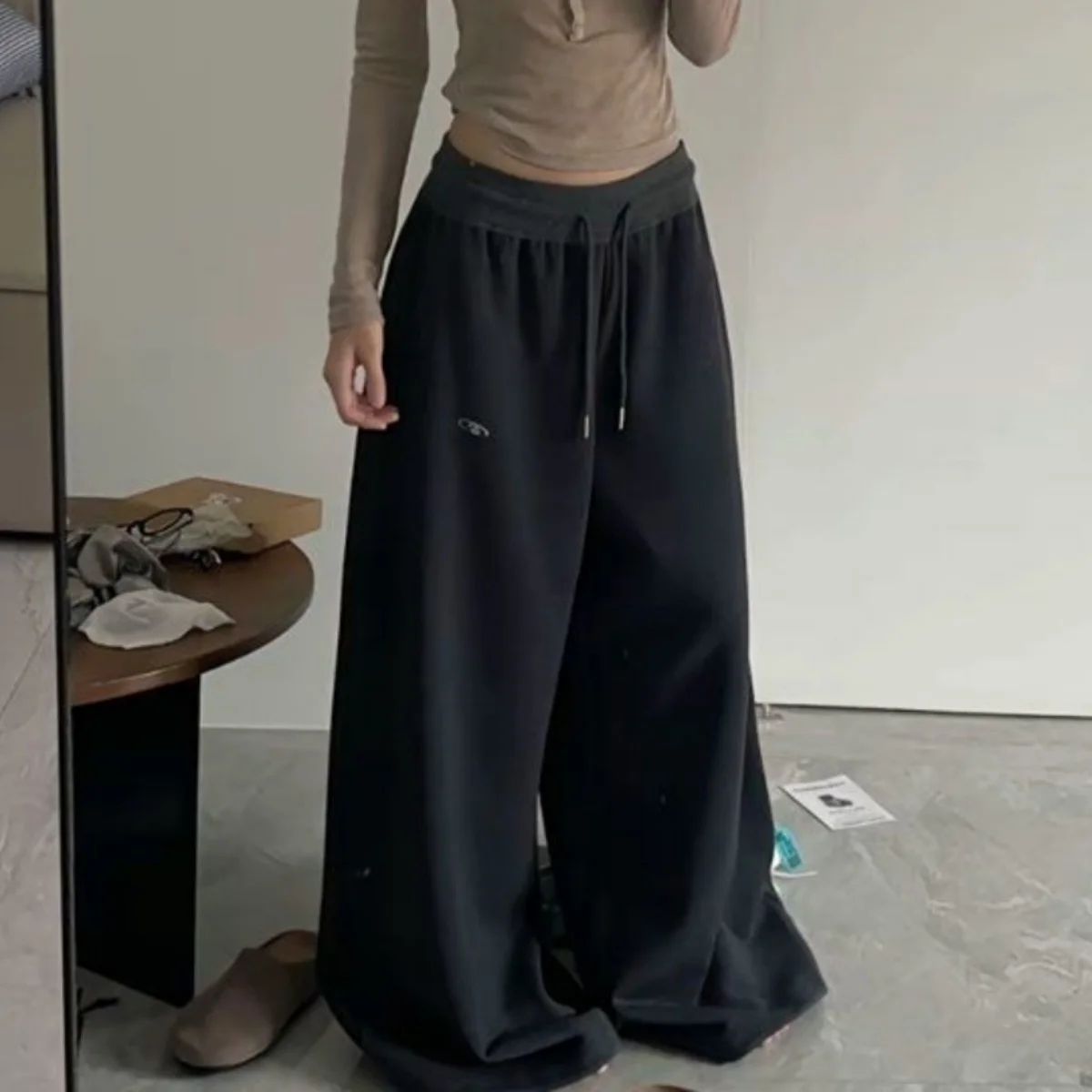 Elegant Women's Pants Fashion High Waist Drawstring Pockets Streetwear Loose Stretchy Legging Casual Joggers Wide Leg Trousers