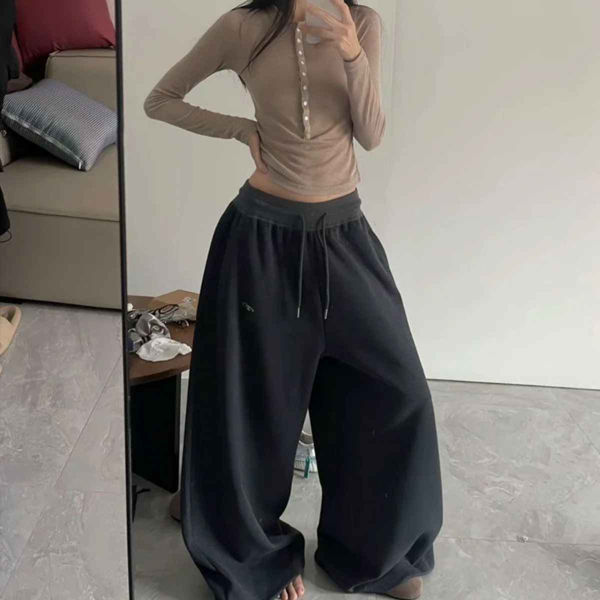 Elegant Women's Pants Fashion High Waist Drawstring Pockets Streetwear Loose Stretchy Legging Casual Joggers Wide Leg Trousers