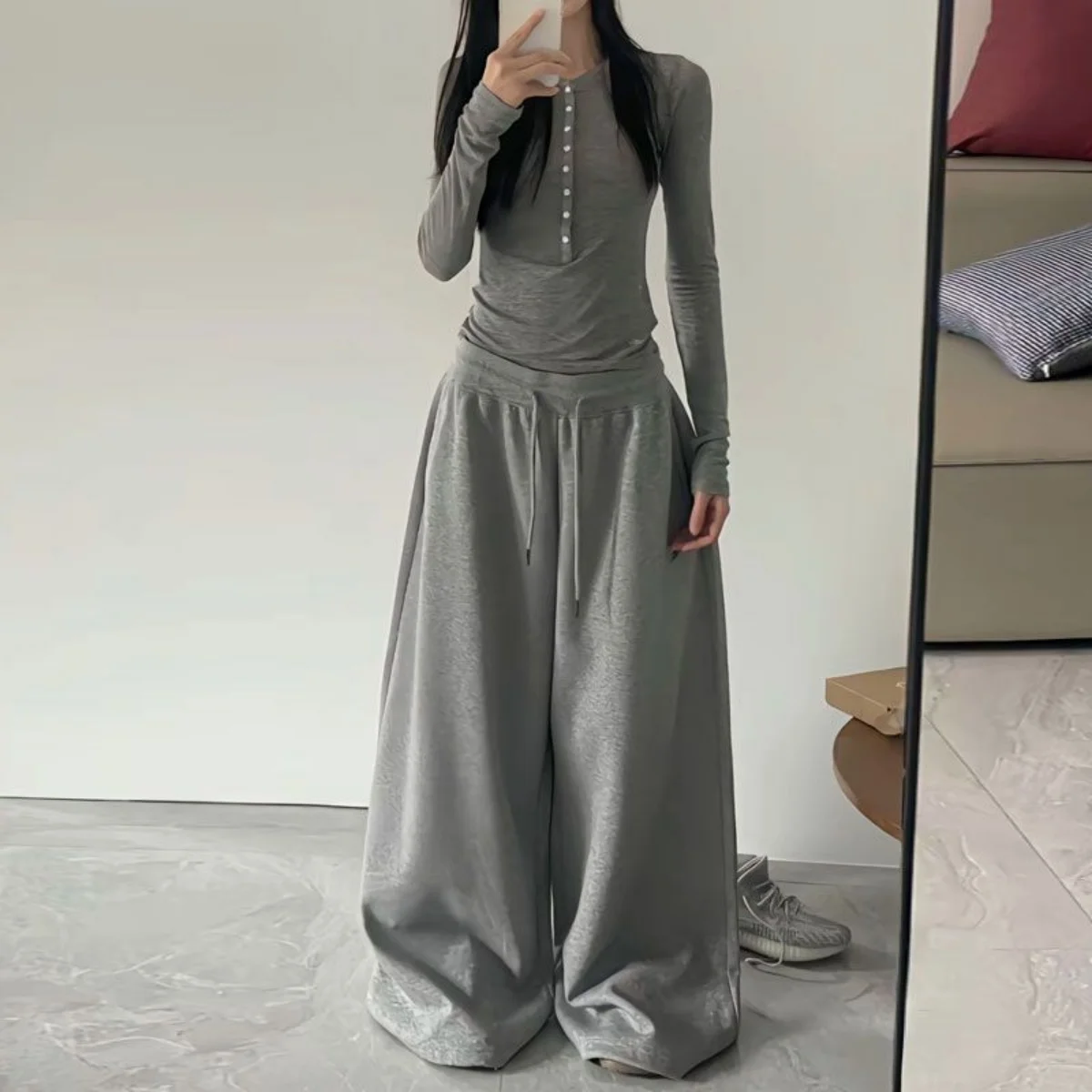 Elegant Women's Pants Fashion High Waist Drawstring Pockets Streetwear Loose Stretchy Legging Casual Joggers Wide Leg Trousers