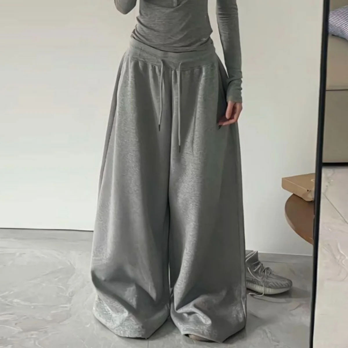 Elegant Women's Pants Fashion High Waist Drawstring Pockets Streetwear Loose Stretchy Legging Casual Joggers Wide Leg Trousers