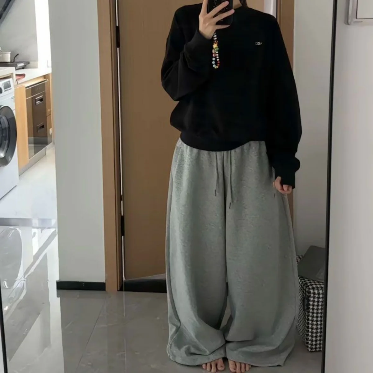 Elegant Women's Pants Fashion High Waist Drawstring Pockets Streetwear Loose Stretchy Legging Casual Joggers Wide Leg Trousers