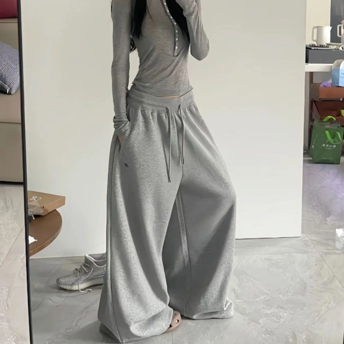 Elegant Women's Pants Fashion High Waist Drawstring Pockets Streetwear Loose Stretchy Legging Casual Joggers Wide Leg Trousers