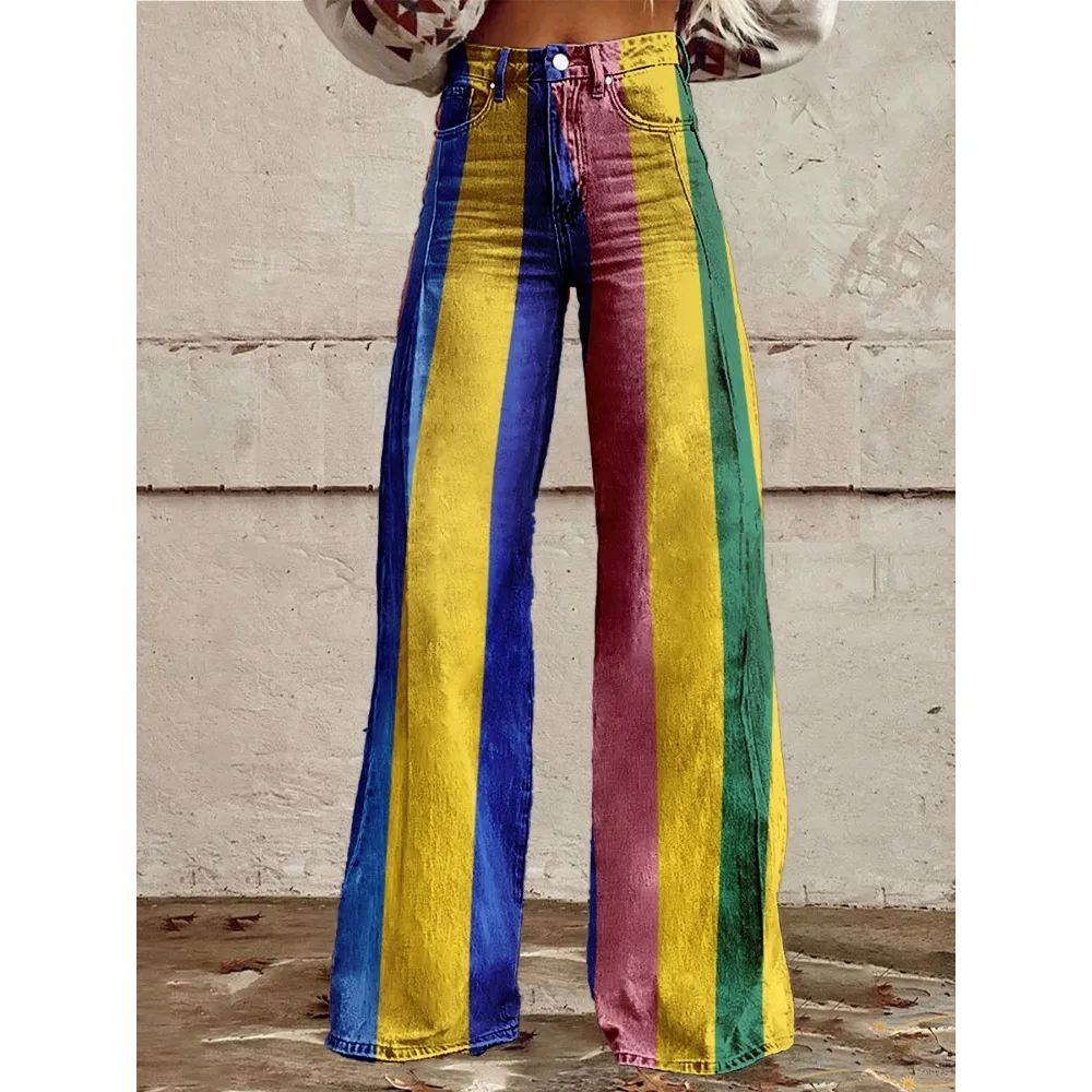 Retro Stripe Flare Pants for Women Sexy High Waist Wide Leg Trousers Fall Fashion Casual & Party Palazzo Pants Daily Wear
