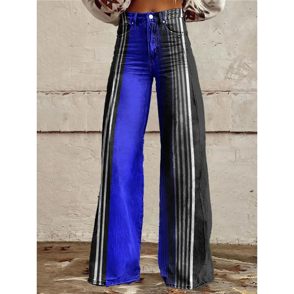 Retro Stripe Flare Pants for Women Sexy High Waist Wide Leg Trousers Fall Fashion Casual & Party Palazzo Pants Daily Wear