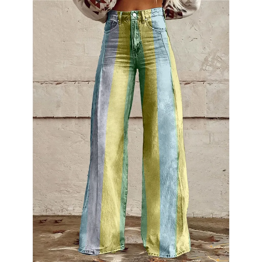 Retro Stripe Flare Pants for Women Sexy High Waist Wide Leg Trousers Fall Fashion Casual & Party Palazzo Pants Daily Wear