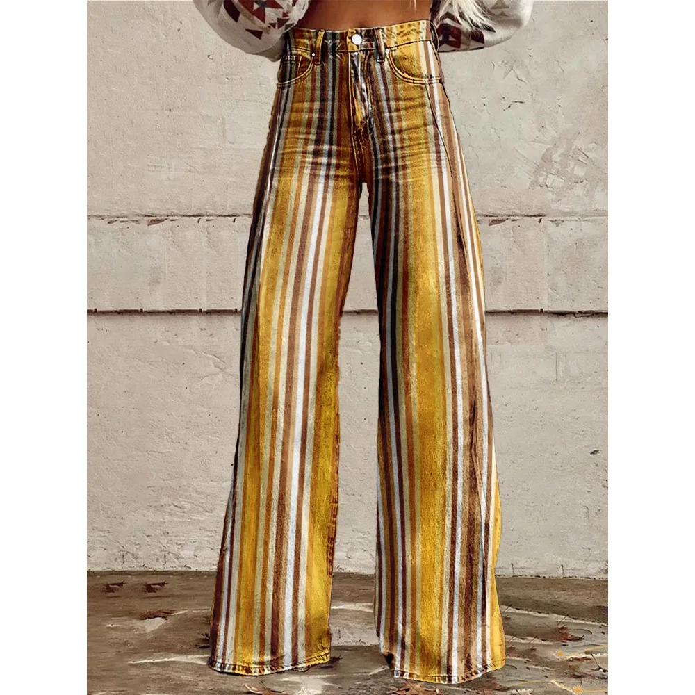 Retro Stripe Flare Pants for Women Sexy High Waist Wide Leg Trousers Fall Fashion Casual & Party Palazzo Pants Daily Wear
