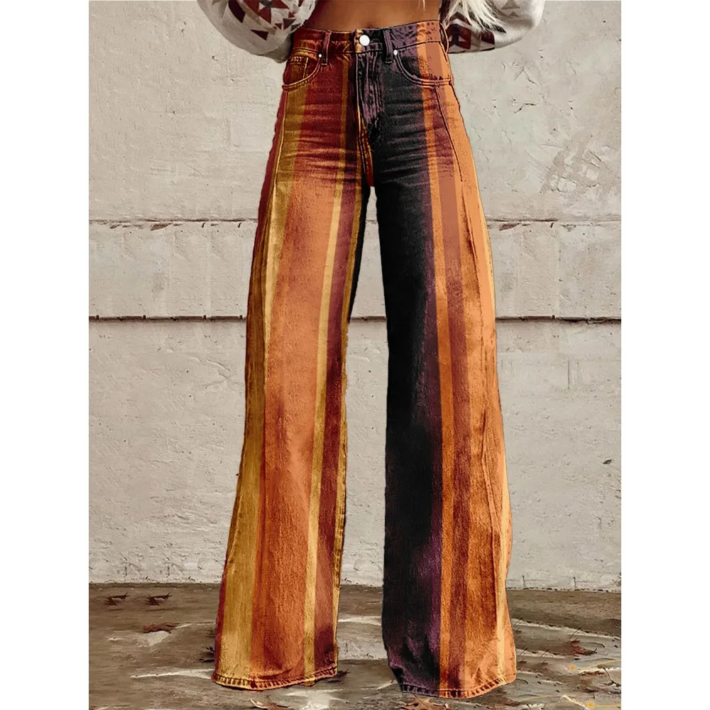 Retro Stripe Flare Pants for Women Sexy High Waist Wide Leg Trousers Fall Fashion Casual & Party Palazzo Pants Daily Wear