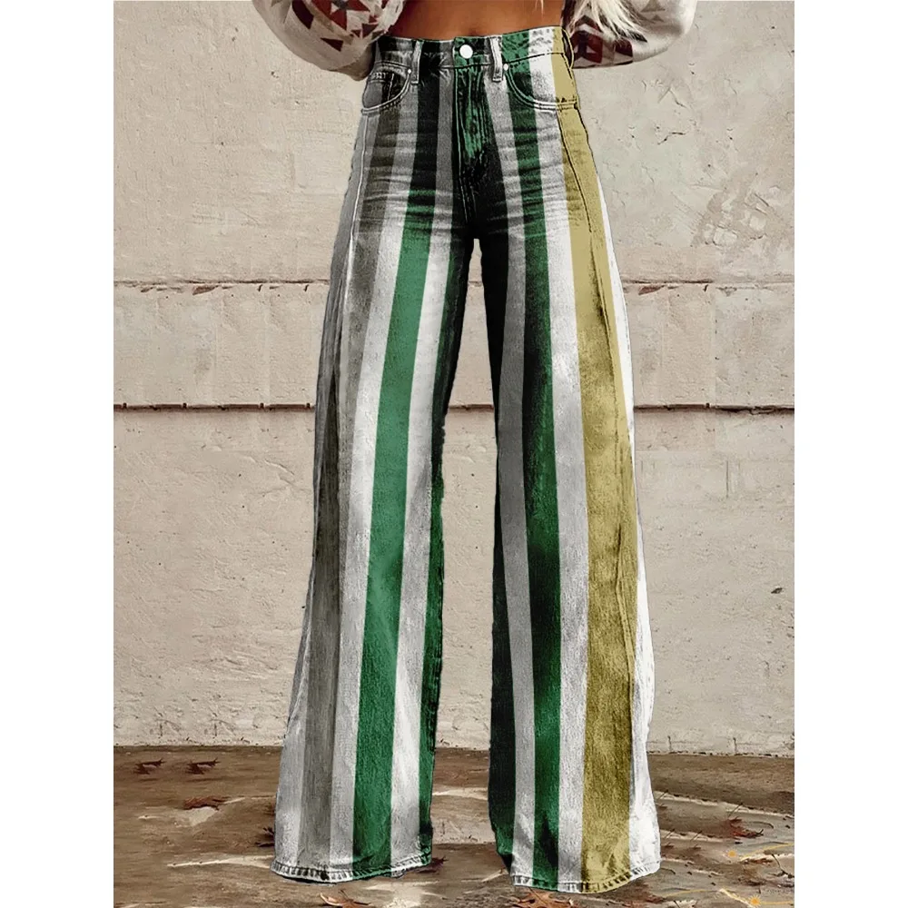 Retro Stripe Flare Pants for Women Sexy High Waist Wide Leg Trousers Fall Fashion Casual & Party Palazzo Pants Daily Wear