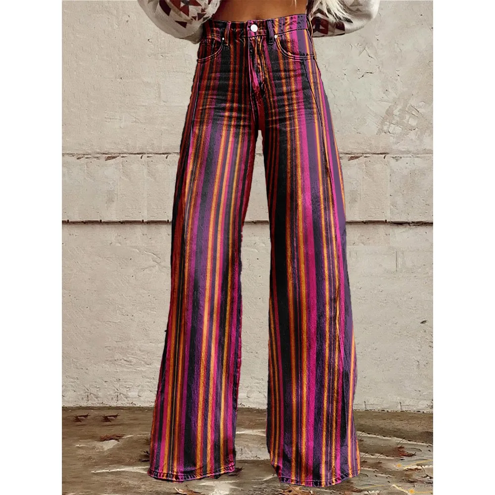 Retro Stripe Flare Pants for Women Sexy High Waist Wide Leg Trousers Fall Fashion Casual & Party Palazzo Pants Daily Wear