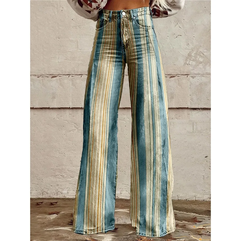 Retro Stripe Flare Pants for Women Sexy High Waist Wide Leg Trousers Fall Fashion Casual & Party Palazzo Pants Daily Wear