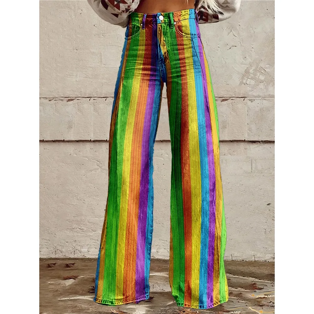 Retro Stripe Flare Pants for Women Sexy High Waist Wide Leg Trousers Fall Fashion Casual & Party Palazzo Pants Daily Wear