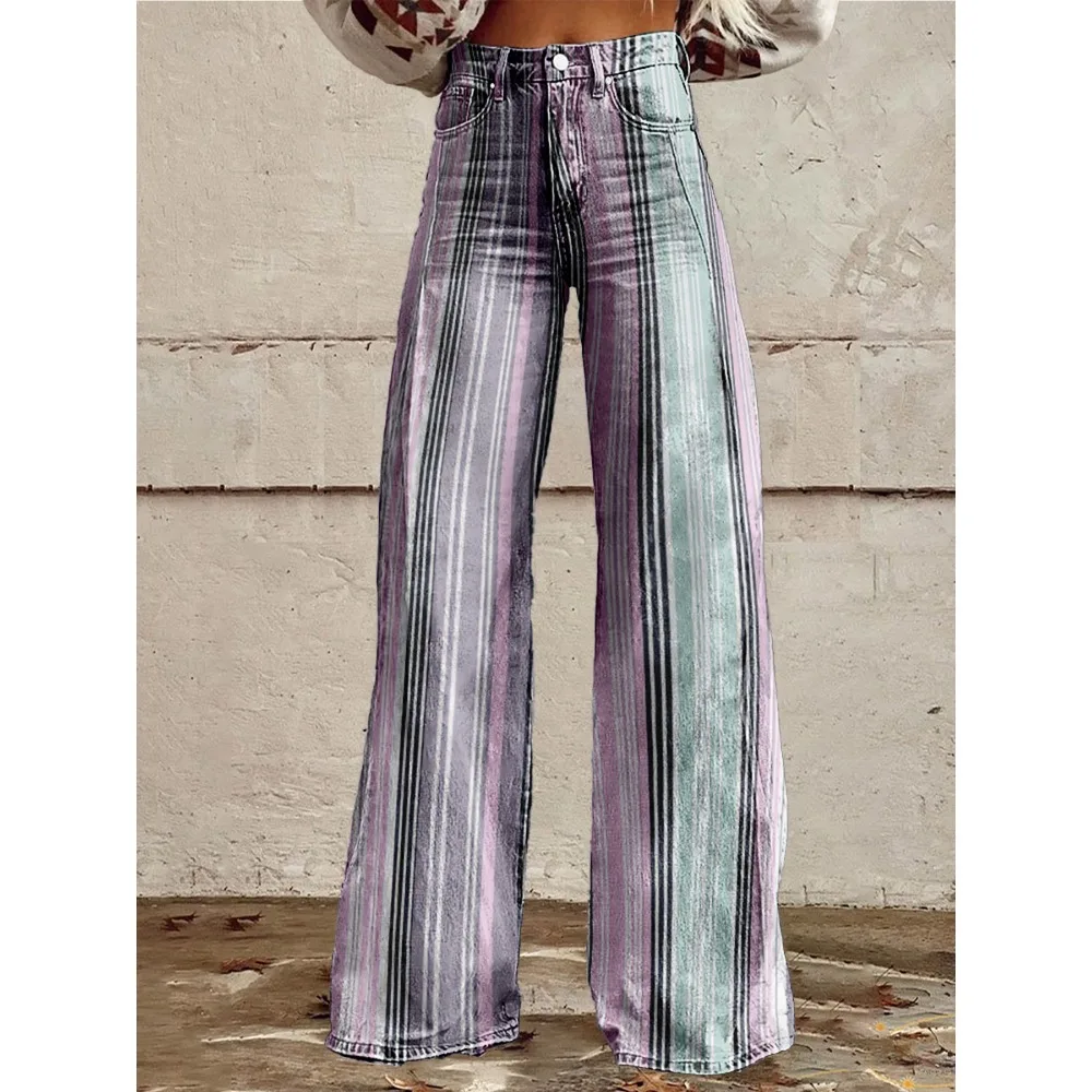Retro Stripe Flare Pants for Women Sexy High Waist Wide Leg Trousers Fall Fashion Casual & Party Palazzo Pants Daily Wear