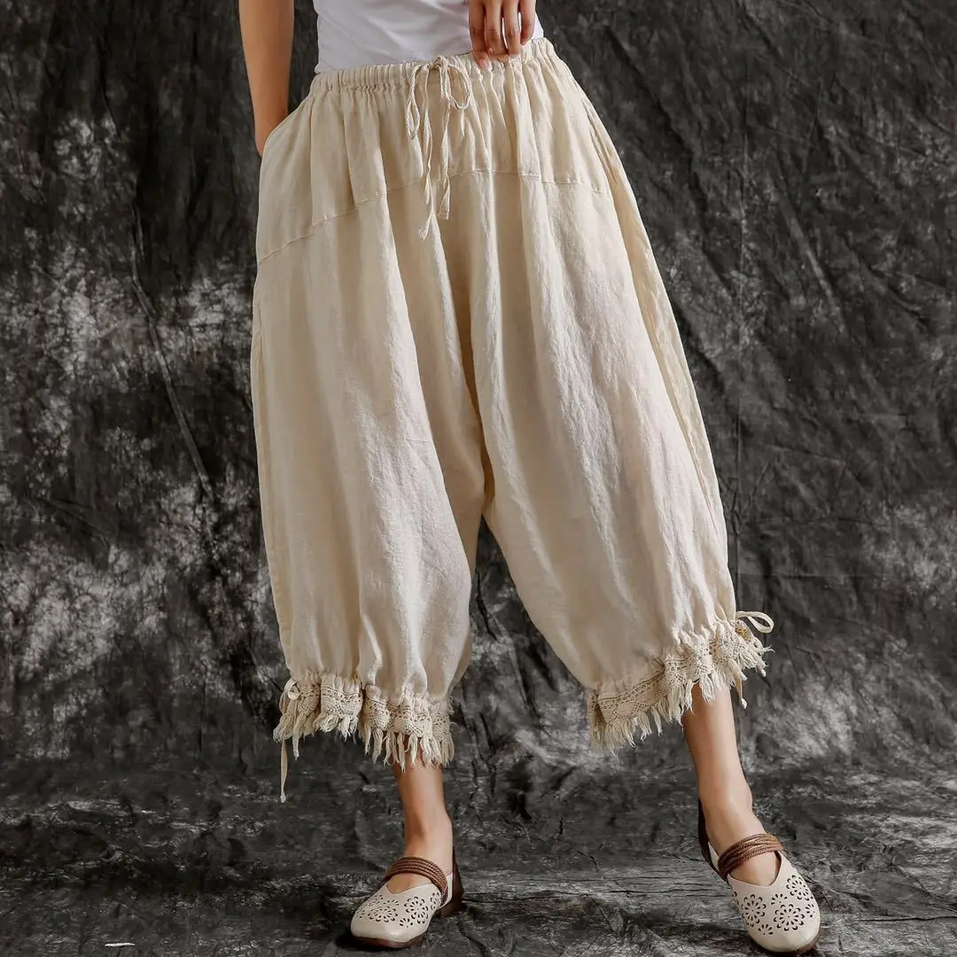 Johnature New Casual Vintage Cotton Linen Ankle-length Harem Pants Summer Solid Color Tassel Pockets Women Pants
