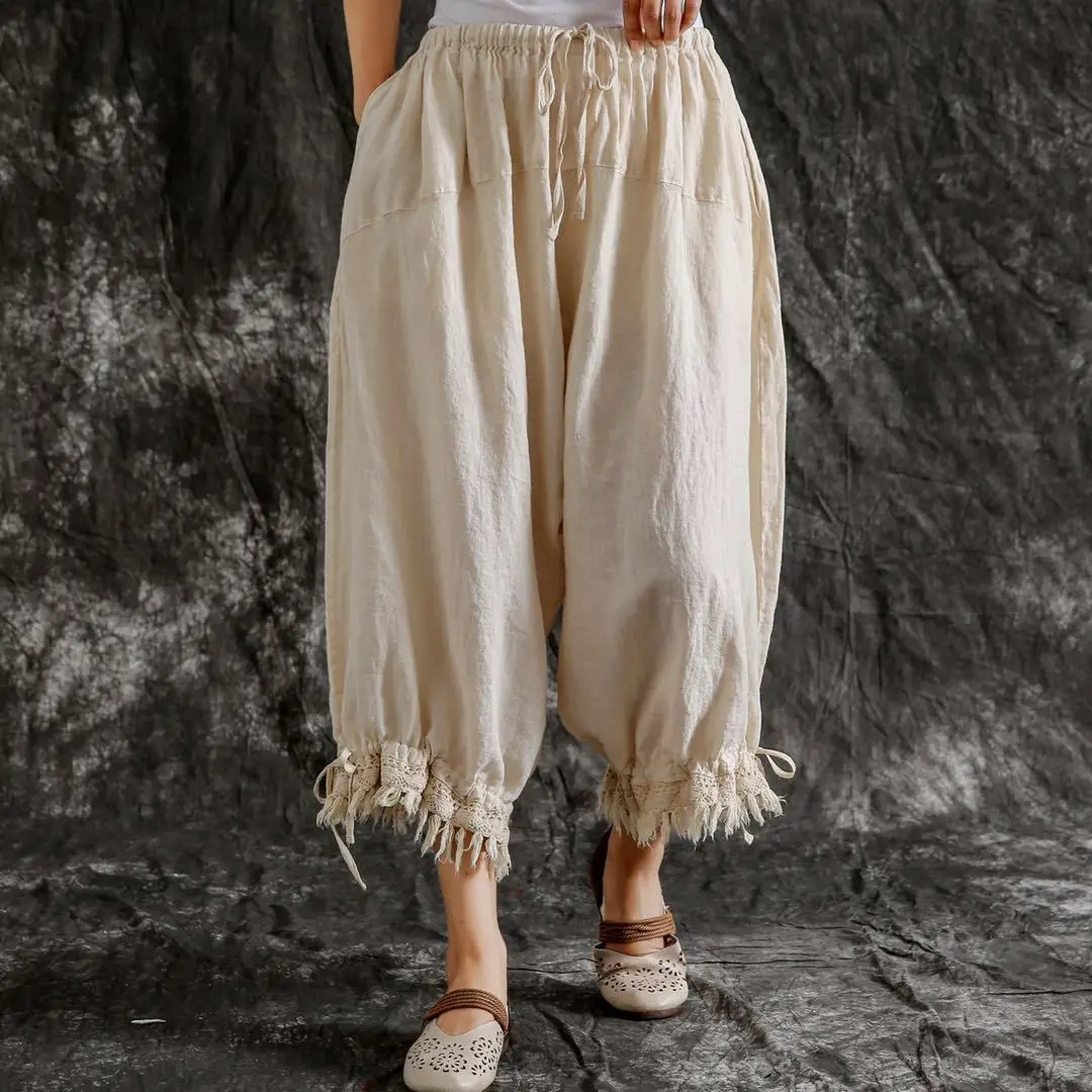 Johnature New Casual Vintage Cotton Linen Ankle-length Harem Pants Summer Solid Color Tassel Pockets Women Pants