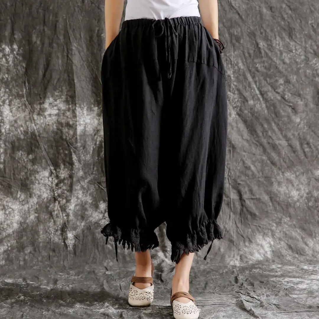 Johnature New Casual Vintage Cotton Linen Ankle-length Harem Pants Summer Solid Color Tassel Pockets Women Pants