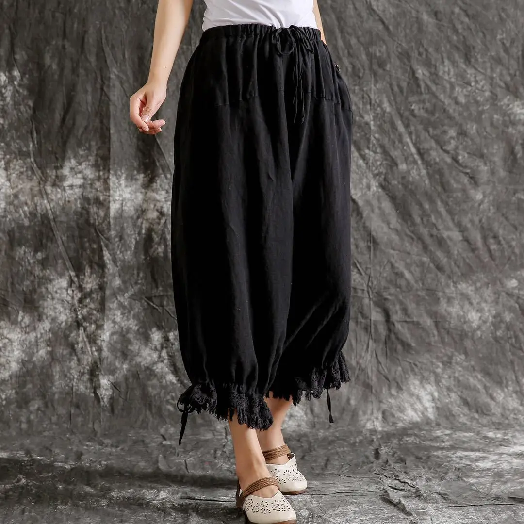 Johnature New Casual Vintage Cotton Linen Ankle-length Harem Pants Summer Solid Color Tassel Pockets Women Pants